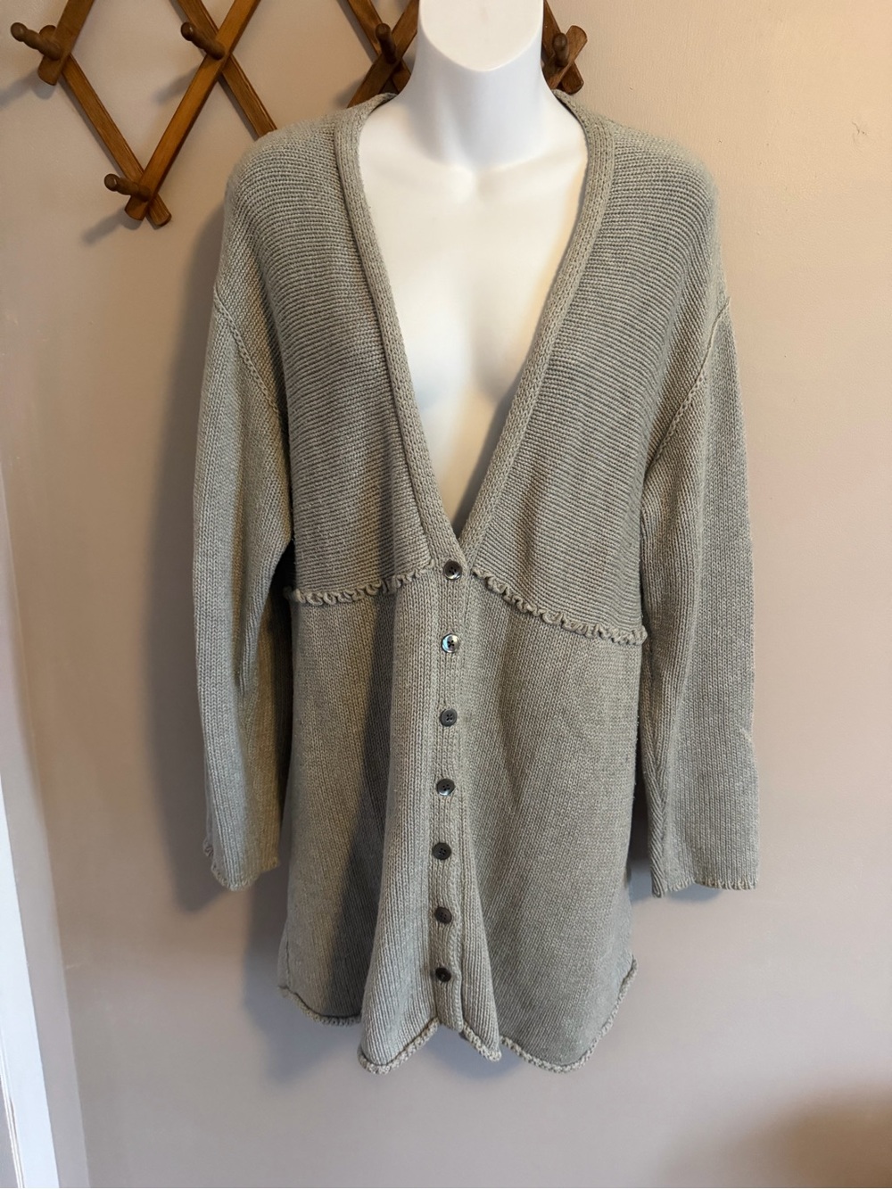 J. Jill Cotton Chunky Knit Ruffle Seam V-Neck Cardigan Coatigan Grey L